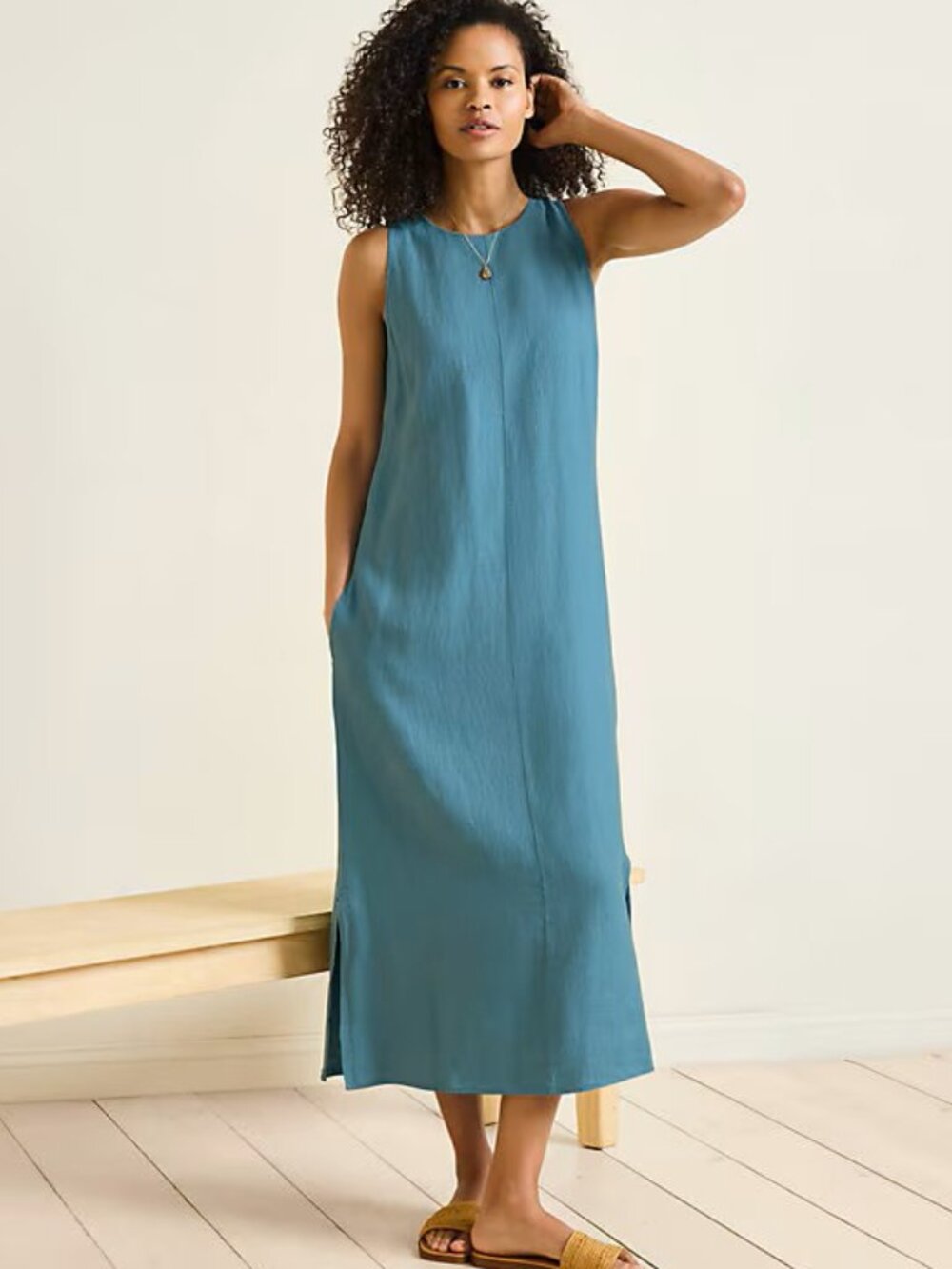 Garnet Hill Gemma Linen Pleat-Back Dress - Seafoam Teal